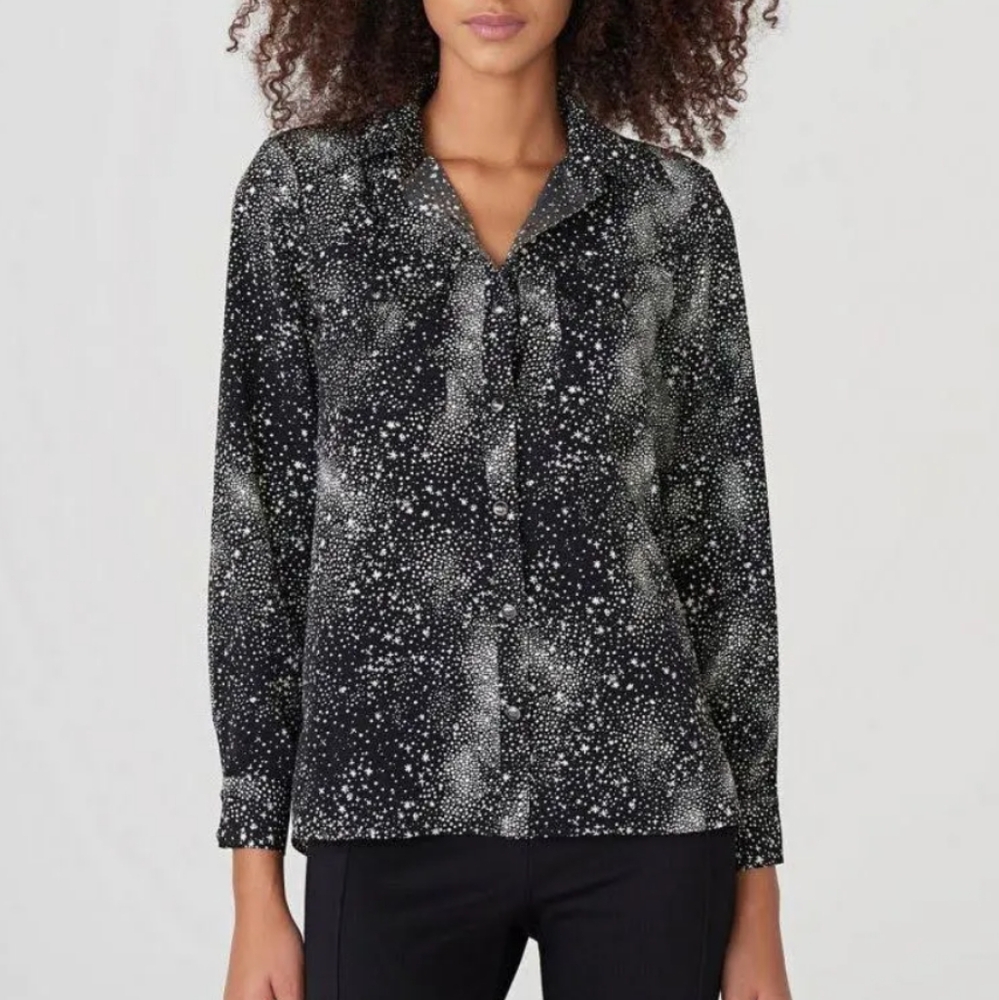 Karl Lagerfeld Paris Star Print Long Sleeve Shirt Womens XS Black Artsy Retro